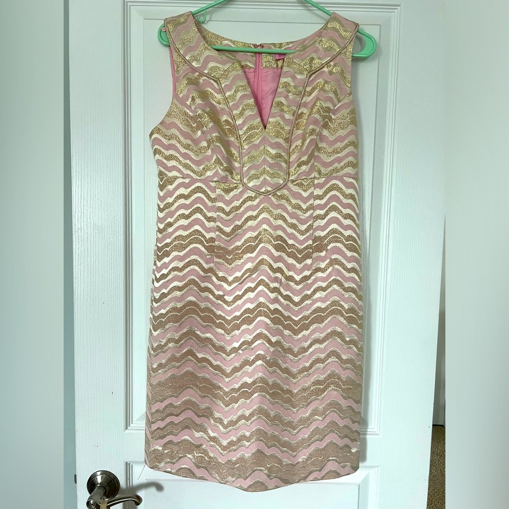 Lilly Pulitzer Adelia Wing Man Jacquard Dress Pink Gold Ivory Sleeveless Size 8